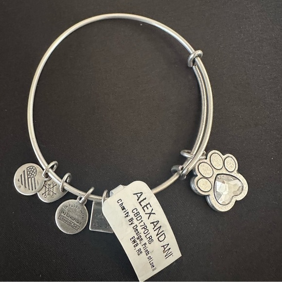 Alex and Ani Jewelry - Alex and Ani Paw Print Crystal Charm Expandable Bangle Bracelet Silver Tone, NWT